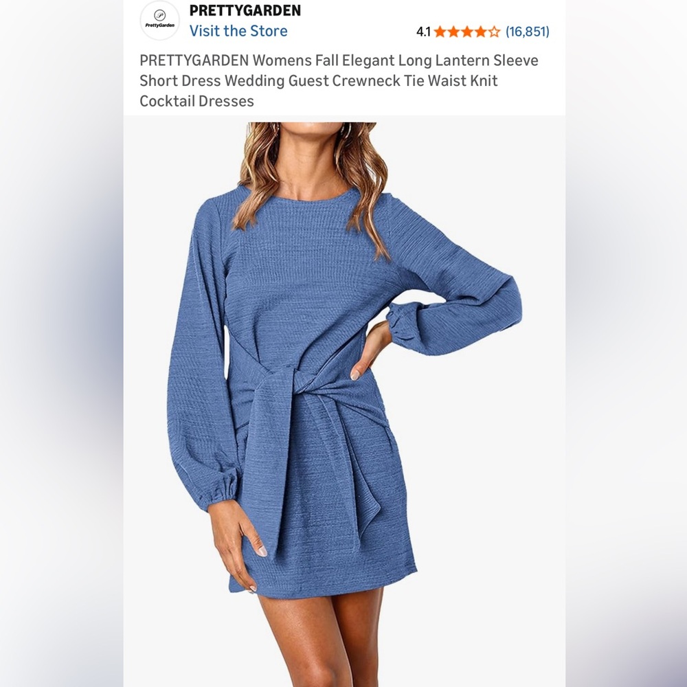 Blue Tie Waist Lantern Sleeve Dress